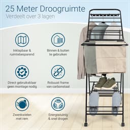 DRYVORA – Inklapbaar Droogrek & Wasrek Zwart – 25m Droogruimte – 168 x 47 x 100 cm – Stevig Modern Rek met 3 Lagen, Wielen met Remmen, Schoenendrogers & Kleerhangerrails – Voor Binnen & Buiten — thumbnail 5