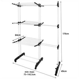 Droogrek-Wasrek-Kledingdroogrek met3 Niveaus-Uitschuifbare Wasdroogrek met Verstelbare Hoogte (75-142,5 cm)-Vrijstaand Zwaar Metaal Frame-Met wielen-(Zwart + Licht Wit) — thumbnail 2