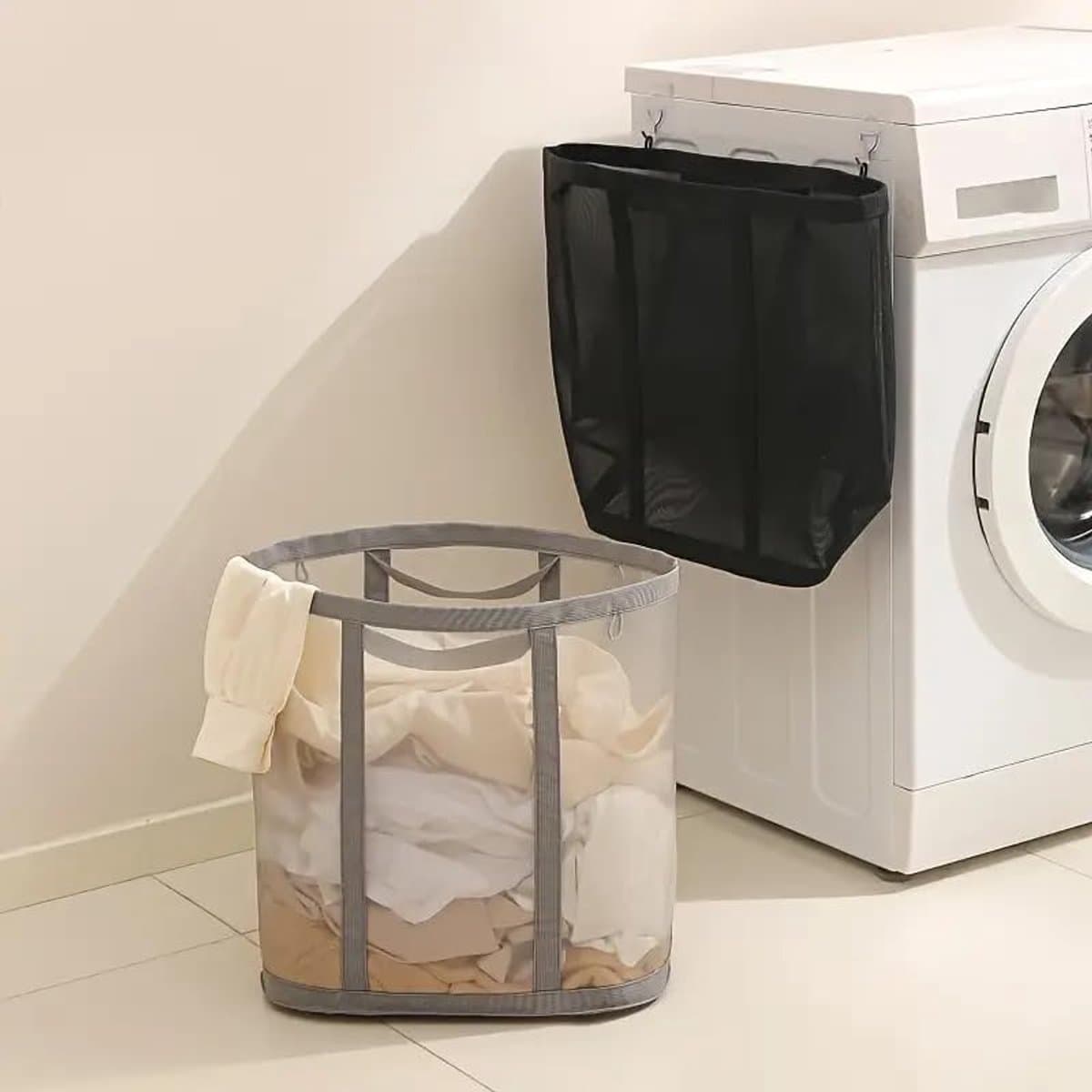 Opvouwbare wasmand, grote opbergmand van gaas voor vuile was en kinderspeelgoed (grijs) — afbeelding 1