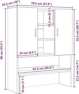 Wasmachinekast - Badkamerkast - Opbergruimte Creëren - Gesloten Planken Dubbele Deur - 70x25x90 cm - Zwart eiken — thumbnail 5