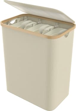 140 l wasmand van Oxford-weefsel, 3 vakken, afneembare wasverzamelaar met bamboeframe, opvouwbare waszak, wasboxen met handvat en deksel, wassorteerder, wasmand voor bijkeuken (beige) NAIZY — thumbnail 1