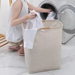 Beige wasmand van 60 liter, 40 x 30 x 60 cm, opvouwbare wasmand, wasbox, wasmanden, opbergmand, wassorteerder voor slaapkamer, badkamer, kinderkamer, op reis — thumbnail 2
