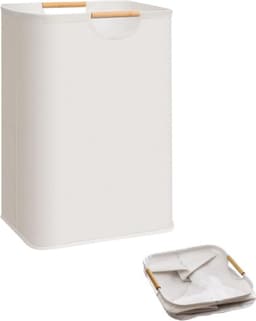 Grote wasmand - opvouwbare wasmand - met bamboe handgrepen - vrijstaande waterdichte wasmand - voor wasruimte, slaapkamer, studentenkamer - handdoeken, speelgoed - 80 liter (21,1 gallon) - beige — thumbnail 1