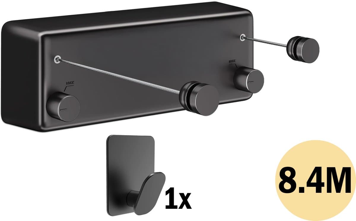 PLAY IT Waslijn Uittrekbaar 8.4 meter Zwart - 2x 4.2 meter - Wanddroogrek - Wasrek — afbeelding 1