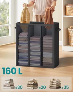 SONGMICS Wasmand met 3 vakken, 160 l, met deksel, 5 etiketten, uitneembare en wasbare binnenzak, wasruimte of slaapkamer, inktzwart — thumbnail 2