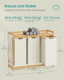 NaevaMi Wasmand 3 Vakken – Wassorteerder - Wasmanden - Wasbox - Wassorteerder 3 vakken - Wasmand Hout - Wasmand Bamboe - 150 liter - 3 Compartimenten - Uitschuifbaar met Plank - 94 x 33 x 78 cm - Wit — thumbnail 4