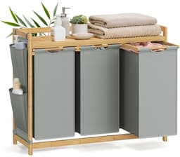 NaevaMi Wasmand 3 Vakken – Wassorteerder - Wasmanden - Wasbox - Wassorteerder 3 vakken - Wasmand Hout - Wasmand Bamboe - 150 liter - 3 Compartimenten - Uitschuifbaar met Plank - 94 x 33 x 78 cm - Grijs — thumbnail 1