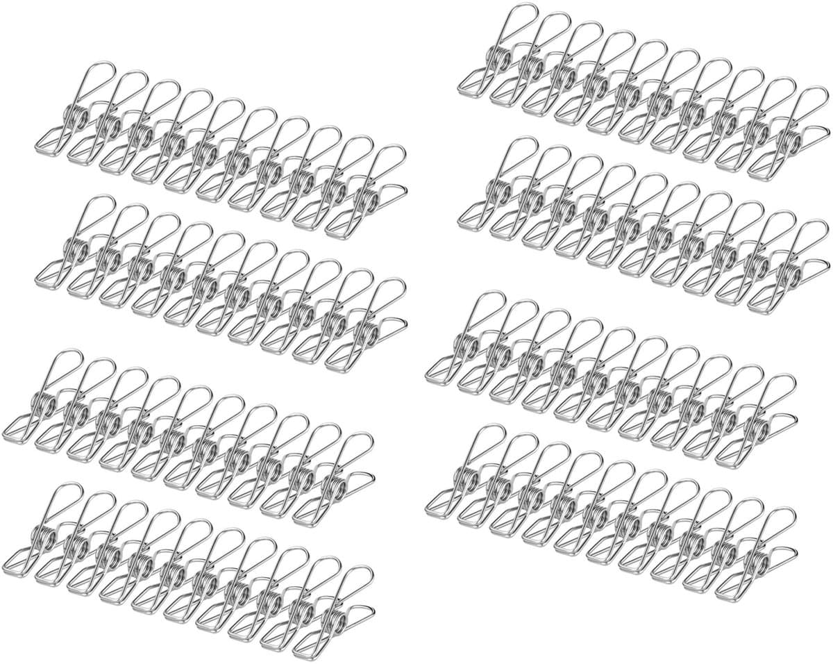 Verpakking van 100 stuks roestvrijstalen wasknijpers - Roestvrijstalen clips - Clips - Clips voor het drogen van dekens - Geschikt voor waslijnen, sokkenrekken, keukens en kantoren - 5,6 cm — afbeelding 1