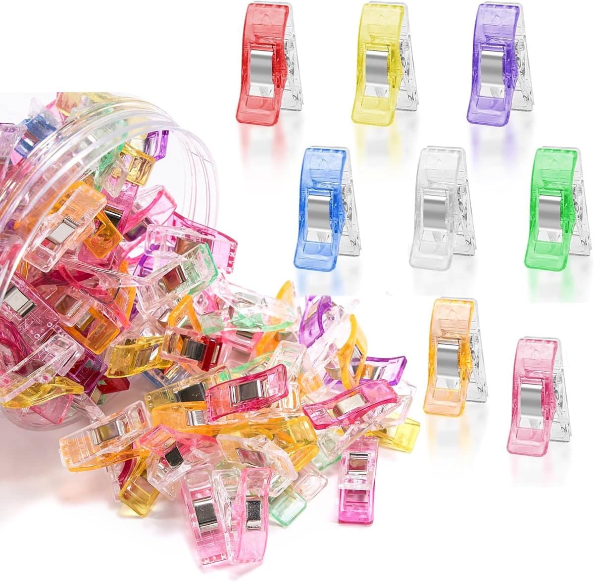 100-delige set plastic naaiclips — "Bijlvormige" clips — Stevige bevestigers voor quilten & binden — Positioneerclips — Veelzijdig inzetbaar voor naaien, breien, haken, het ophangen van voorwerpen en meer — 2,7 x 1 x 1,5 cm — afbeelding 1