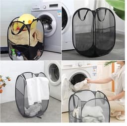 Allecta - Set van 2 Opvouwbare Zwarte Wasmanden met Handvat - Draagbare Opbergmand van Mesh - Inklapbare Pop-Up Wasmanden met 3 Zakken. — thumbnail 4