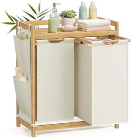 Dubbele compartiment wasmand 63x33x78cm naturel+wit Grote capaciteit 2x50L Voor gesorteerd opbergen Met plank, zijvak en afneembare waszak Stevig bamboe frame Voor thuis, slaapkamer en woonkamer — thumbnail 4