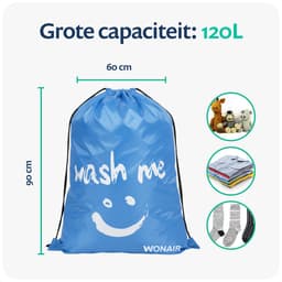 Wonair - Waszak - Grote waszak - Waszakken groot - 60x90cm - Hemelsblauw - 2 Stuks - Met trekkoord — thumbnail 5
