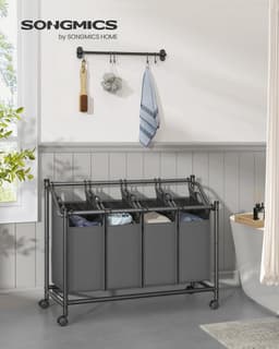 Songmics Wasmand met wielen, wasmand met 4 verwijderbare waszakken, waswagen, wasmand, voor wasruimte, slaapkamer, badkamer, 4 x 45 L, leisteengrijs RLS103G01 — thumbnail 3