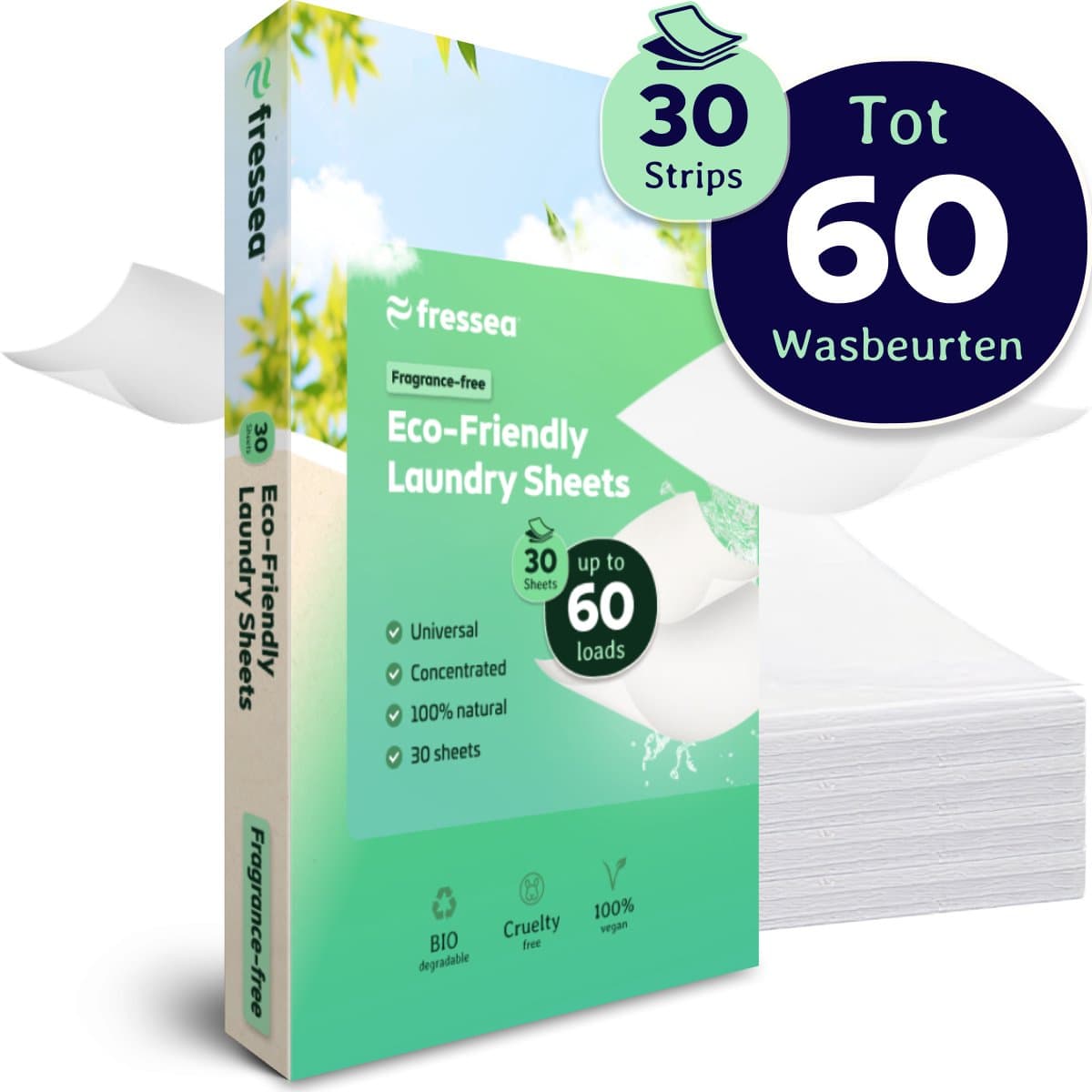 Fressea Wasstrips 60 Wasbeurten - Wasmiddel Strips - Plasticvrij & Vegan Wasmiddeldoekjes (Parfumvrij) — afbeelding 1