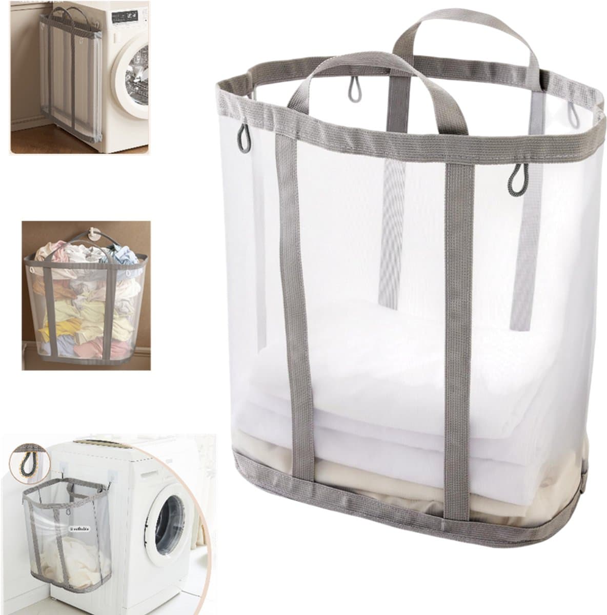 Opvouwbare ademende wasmand - waszak van gaas - wasmand voor het sorteren van kleding - waszak van gaas met handvat - opvouwbare wasmand - opvouwbare wasmand voor wandmontage - geschikt voor badkamer - studentenkamers - reizen - grijs — afbeelding 1