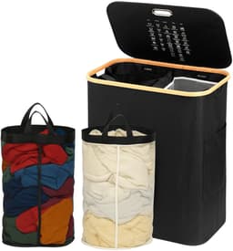 Wasmand 2 Vakken - 150L - Groot formaat - Met uitneembare Waszakken - Wasmand met Deksel - Sterk materiaal - Wassorteerder Zwart - Hanamura — thumbnail 1