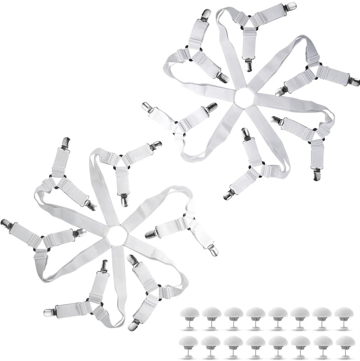 2 stuks verstelbare bedlakenspanners, nylon bedlakenspanners met 16 stuks quilthouders voor lakens, matrasbeschermer, strijkplank of bank — afbeelding 1