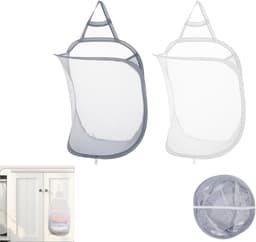 2 stuks - Opvouwbare wasmand van gaas, hangende wasmand, wasmand voor artikelen, uitschuifbare wasmand van gaas voor thuis, hotel, reizen, kamperen 40x30cm (wit + grijs) — thumbnail 1