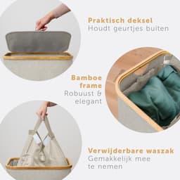 RFWR® Wasmand met 3 Uitneembare Zakken en Deksel - Smalle Bamboe Wasbox voor Efficiënte Sortering en Statiegeldflessen - Beige — thumbnail 2