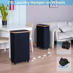 Wasmand met wieltjes - 75 liter - zwart - bamboe handgrepen — thumbnail 5