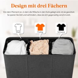 Wasmand - Wassorteerder met 3 vakken en 3 uitneembare waszakken - Met deksel en handgrepen - Zwart — thumbnail 4