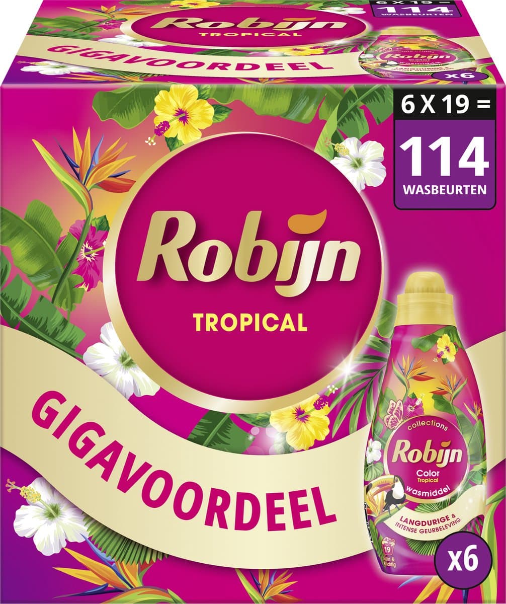 Robijn -Vloeibaar Wasmiddel - Klein & Krachtig - Tropical - 6 flessen - 114 wasbeurten — afbeelding 1
