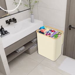 Wasmand 3 vakken - Wassorteerder van bamboe met Oxfordweefsel - Met Deksel opvouwbaar Opbergmand - 140L - Beige — thumbnail 5