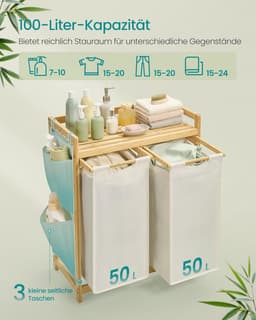 Furnstar wasmand - 2 vakken - Bamboe Wasverzamelaar - 100 l Wassorteerder met plank -Waszak - Kleine zijzakken - Wasrek - 2 x 50 l 63 x 33 x 78 cm - Crèmewit — thumbnail 2