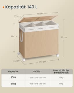 Furnstar HOME Wasmand met 3 vakken - Wasverzamelaar 140 l - Wassorteerder op wieltjes met deksel - Waszak met handgrepen - Rotan-look - Voor bijkeuken en badkamer - Beige/Wit — thumbnail 2