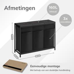 ACAZA Wasmand - Wasmand Met Deksel - 3 Vakken - 160 L - 95 x 33 x 71cm - Zwart — thumbnail 2