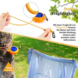 Wasrek-droogrek-waslijn-wanddroogrek-waslijn uittrekbaar-10 meter-Met 10 bevestigingsgespen en 20 wasknijpers-Geschikt voor reizen, kamperen, binnen en buiten, balkon, tuin en hotel-oranje — thumbnail 3