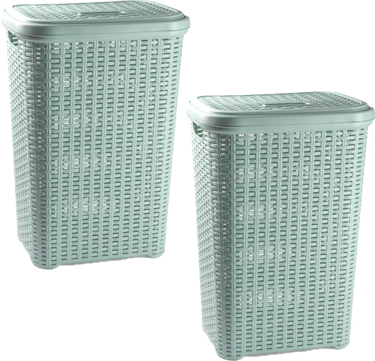 PlasticForte Wasmand met deksel - 2x stuks - 60 liter - lichtgroen - rotan - kunststof - L35 x B43 x H62 cm — afbeelding 1
