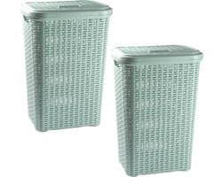 PlasticForte Wasmand met deksel - 2x stuks - 60 liter - lichtgroen - rotan - kunststof - L35 x B43 x H62 cm — afbeelding 1