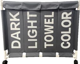 Lowander wasmand met deksel 120 liter - Wassorteerder met 4 vakken - Op wieltjes - Dark Light Towel Color - Wasverzamelaar met zwenkwielen - Grijs / Wit — thumbnail 3
