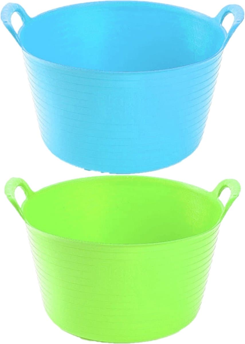 Voordeelset van 2x stuks kunststof flexibele emmers/wasmanden/kuipen van 56 liter in het blauw en groen — afbeelding 1
