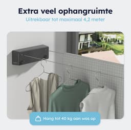 ENISTO® Waslijn - Uittrekbare waslijn - Dubbele lijn - 8,4 meter (2 x 4,2 meter) - Zwart - Alternatief droogrek - Wanddroogrek - Waslijndraad uittrekbaar - Roldrooglijn - Wasdraad - Ruimtebesparend - Met of Zonder boren — thumbnail 2