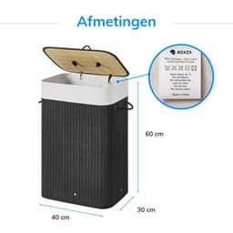 ACAZA Wasmand Met Deksel - 72 L - Bamboe - Wasbare Katoenen Waszak - Handvatten - 40 x 30 x 60 cm - Zwart — thumbnail 2