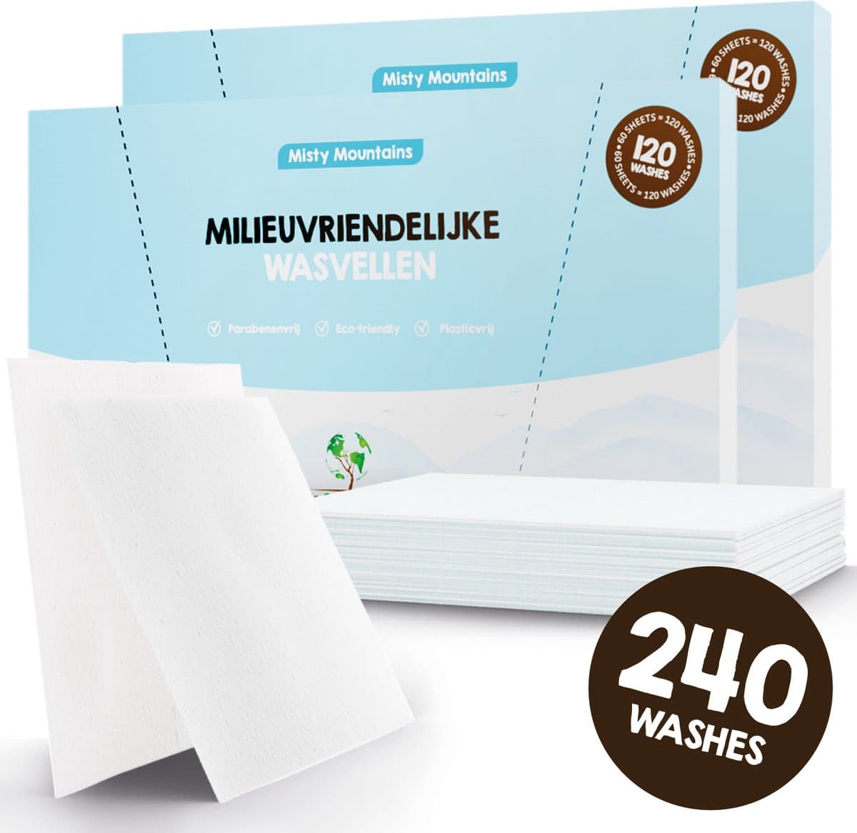 Mr. Green Mind Wasstrips ECO 240 Wasbeurten fris Misty Mountains Wasmiddel Milieuvriendelijke Wasstrips Wasmiddel Voordeelverpakking incl. wasverzachter — afbeelding 1