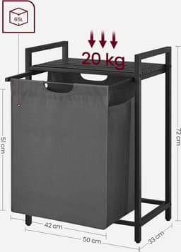 Wasmand, Wasemmer met plank, Wasbox, Waszak van Oxford stof uitschuifbaar, afneembaar, Metalen frame, 65 l, 50 x 33 x 72 cm, zwartgrijs BLH101G01 — thumbnail 2