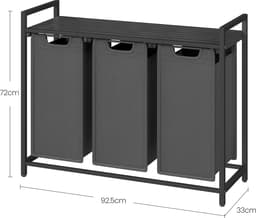 ACAZA Wasmand 3 vakken - 114 L - Zwart en Grijs - 92,5 x 33 x 71 cm — thumbnail 2