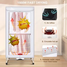Uten Draagbare elektrische droger Gr886 - 2 lagen droog Design - Warmtepompdroger - 1500 W - Timer 0-180 Min - Elektrisch Droogrek met Verwarming - Wasdroger - Tot 15kg wasgoed - Als wasdroger, droogrek en Kledingkast- Hoogte 1.5 M - Grijs — thumbnail 4
