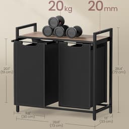 Wasmand met 2 vakken, uittrekbaar en afneembare waszakken, stevig en duurzaam oxforddoek gecombineerd met een robuust metalen frame, 2 x 46 liter, 73 x 33 x 72 cm, grijs en zwart — thumbnail 2