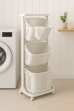 Rollende Waskar – Wasmand met 3 Vakken – 360° Wielen – Geventileerd – Ruimtebesparend – 3 x 25L – Wit — thumbnail 4