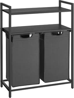Wasmand, wasbak, wasverdelersysteem met 2 uittrekbare en afneembare zakken en dubbele opbergrek, elke zak met een capaciteit van 46 liter, geschikt voor badkamer of wasruimte, 73 x 33 x 91 cm, zwart — thumbnail 1