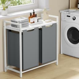Wasmand 73 x 33 x 72 cm Wit Grijs Oxforddoek Metalen Frame 2 Vakken 46 Liter Uittrekbaar Afneembare Zakken Stevig Duurzaam — thumbnail 4