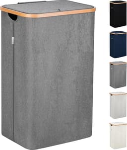 Grijze Wasmand met deksel en handgrepen XXL 100 L - Lonbet - grote wasmand wasbak Laundry basket with lid & handles — thumbnail 1