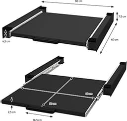 Universeel Tussenframe voor Wasmachine en Droger met Uitschuifbare Plaat - 60x60 cm - Zwart Verbindingsframe en Opbergruimte — thumbnail 4