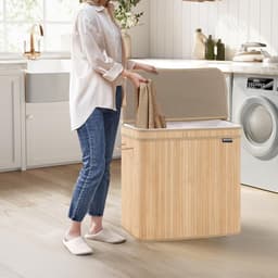 Wasmand, vuilnismand met deksel, handgrepen en uitneembare voering, 3-vaks indeling met een totale capaciteit van 150 liter, geschikt voor wasruimte, slaapkamer en toiletruimte, 41,5 x 62,5 x 61 cm, naturel. — thumbnail 3