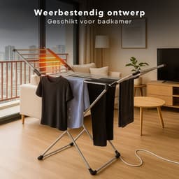 Cheqo® Elektrisch Droogrek - Verwarmd Droogrek - Inklapbaar Wasrek - 12 Meter Droogruimte - 230W Vermogen - Aluminium Materiaal - IPX1 Waterbestendig - Instelbare Temperatuur - 45-55 Graden Celsius - 20 Verwarmde Stangen - Compact Formaat — thumbnail 3