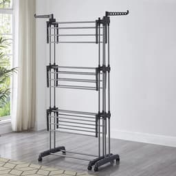 Amolass - Wasrek Inklapbaar - Droogrek - Staand - 4-Laags met Wielen - Grijs - UItschuifbaar - 173x151x49cm - Voor Binnen/Buiten — thumbnail 2